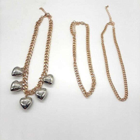Urban Outfitters 3 Chains Gold With Silver Heart Charms Layered Necklace - Picture 2 of 3
